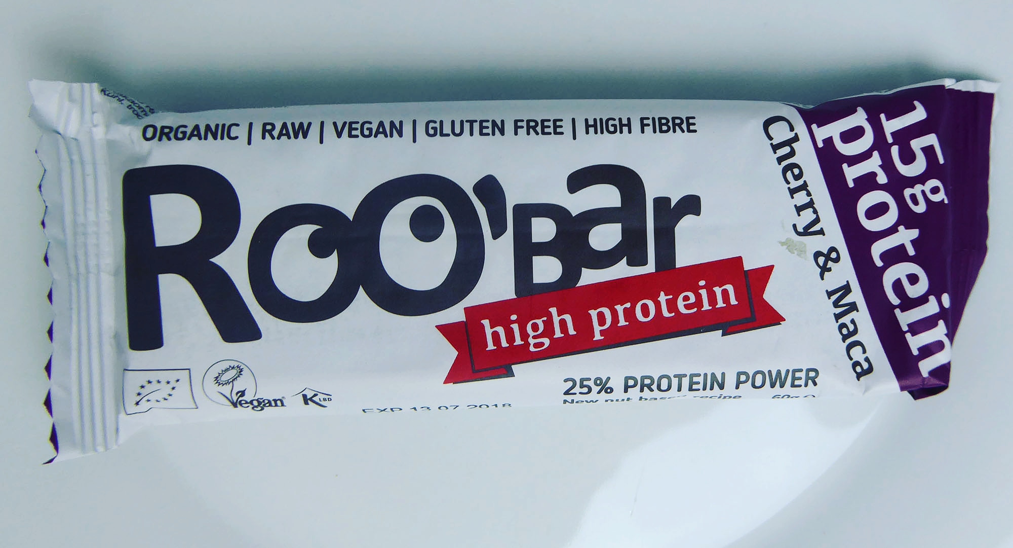 Roobar High Protein Bar Organic Raw Vegan Gluten Free High Fibre Cherry Maca